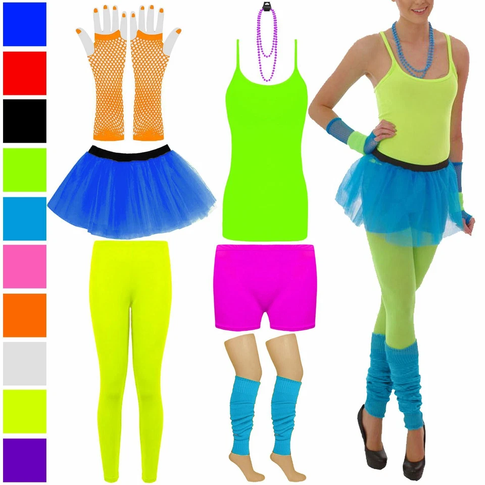 WOMENS GIRLS TUTU NEON FANCY DRESS HOT PANT SKIRT VEST TOP GLOVE BEAD LEG WARMER - Image 1 of 1