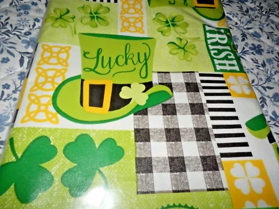 NEW Farmhouse Irish SHAMROCK TABLECLOTH 60" Round LUCKY Knots Hats Gingham - Image 1 of 3
