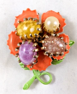 Vintage Hand Painted Enameled Flower Brooch w/Tumbled Stones/Pearl - Picture 1 of 6