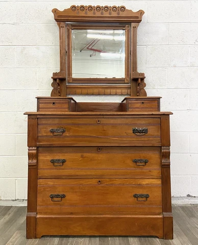 Antique Victorian Eastlake Farmhouse Style Vanity Dresser with Mirror Cover