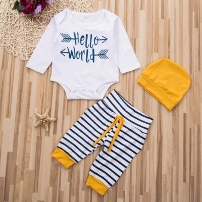 Conjunto de 3 PIEZAS Mameluco Letra Prendas para el torso Pantalones Sombrero Trajes Niños Ropa Foto 1 de 4
