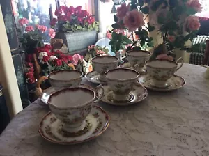 18 Royal Albert 6 Cups~Saucers~Plates Trio Chelsea Bird Maroon-Gold 1940's Avon - Picture 1 of 13