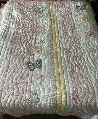Pottery Barn Kids Butterfly Cotton Full Quilt w/ 2 Shams Pink Yellow Green - Image 1 of 4