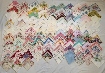 LOT OF 109 VINTAGE  HANKERCHIEFS HANDKIES HANKY MOSTLY FLORAL SO BEAUTIFUL! - Image 1 of 3