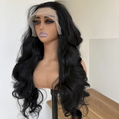 Parrucche Lunghe Ondulate 13x4 Lace Frontal Capelli Fintetici Resistenti al Calore in Nero - Immagine 1 di 4