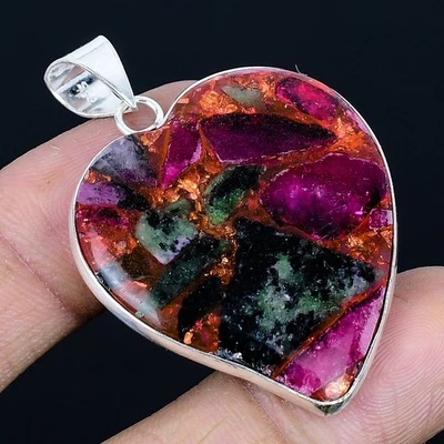 Colgante hecho a mano de 1,89" enchapado en plata 925 de rubí de cobre en zosite Foto 1 de 3