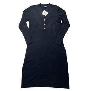 NWT Anne Klein Black Ribbed Midi Dress Sz Large Long Sleeves Neutral Feminine - Picture 1 of 5