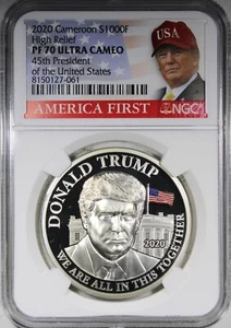 2020 Cameroon 1oz Colorized Silver S1000F Donald Trump NGC PF70 ULTRA CAMEO - Picture 1 of 2