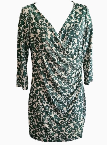 Tory Burch Abito Donna XL Verde Avorio Stampa Vite Drappeggiato Elasticizzato Slinky Popover