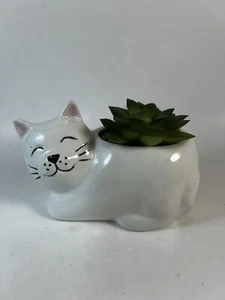 Ceramic Sleeping Cat Planter White Kitten Faux Succulent Room Decor 5” - Picture 1 of 6