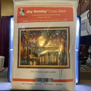 Rainy Night Couple Cross Stitch Kit Pre-Printed Fabric Joy Sunday 65x52 NEW - Picture 1 of 4