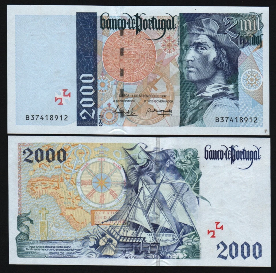 PORTUGAL 2000 ESCUDOS P-189 1997 Pre Euro SAILING SHIP UNC COMPASS COIN BANKNOTE - Image 1 of 4