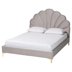 Baxton Studio Acosta Light Gray Velvet Headboard Queen Size Platform Bed - Picture 1 of 9