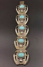 Vintage Sterling Silver Taxco Mexico Five Panel Turquoise Stone Bracelet 42.4G