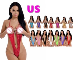 Sexy Women Monokini Shiny Bodysuit Open Cup Nightwear Thong Lingerie Swimwear - Picture 1 of 142