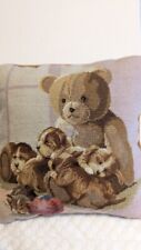 Vintage Needlepoint Pillow TEDDY BEAR Puppies Kitten Velvet 13x13”
