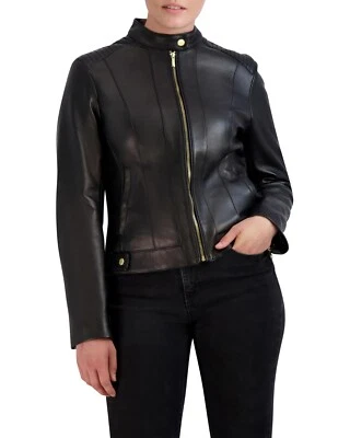 Chaqueta de moto de corredor de cuero negra para mujer Cole Haan X4407 talla S Foto 1 de 4
