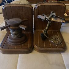 Vintage Mid Century Wood Rope and Iron Nautical Maritime Anchor Helm Bookends
