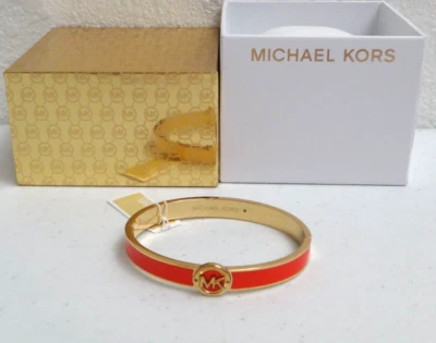 Michael Kors MK Logo Yellow Gold & Coral Enamel Bangle Bracelet MKJ7940710 + BOX - Image 1 of 4