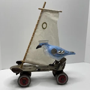 Folk art Union Skates vintage- blue jay sailing on skates-One Of A Kind Art - Picture 1 of 11