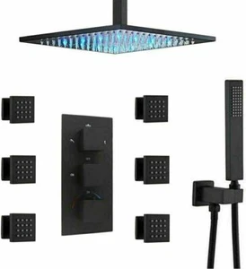 Luxury Black Thermostatic Shower System 16" Rain Head with 6x Body Jets Ceiling - Picture 1 of 10