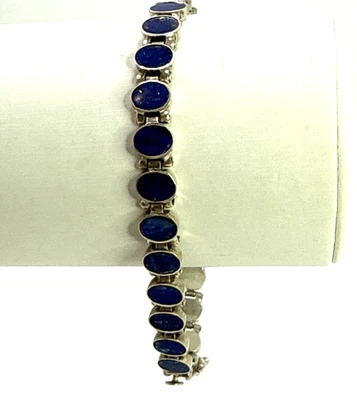 Pulseira de prata esterlina sólida 0,925 7" com elos personalizados com pedras azuis do Chile - Imagem 1 de 4