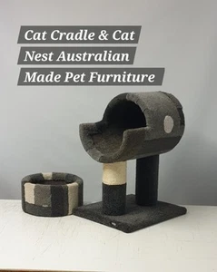 Cat Bed Cradle Style & Matching Round Nest Carpeted Strong Sturdy Patchwork Grey - Picture 1 of 19