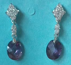 2ct Oval Amethyst Color Cz Rhodium EP Dangle Earring Bevel Cut Purple Stones 1" - Picture 1 of 10