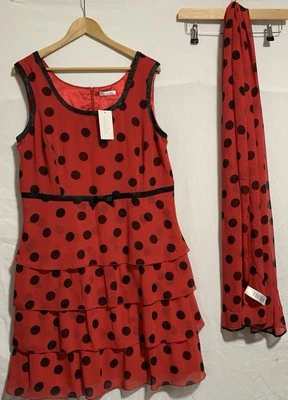 Berkertex red polka dot tiered knee length dress with scarf size 18 - Image 1 of 4