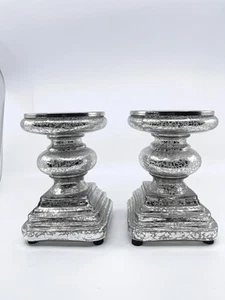 Pair Of Mercury Glass Candle Holders 7” Tall Pillar Light Up - Picture 1 of 8