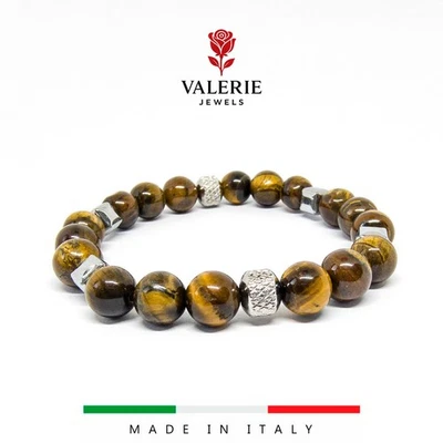 Bracciale uomo donna OCCHIO TIGRE braccialetto elastico 18cm ematite e acciaio - Immagine 1 di 4