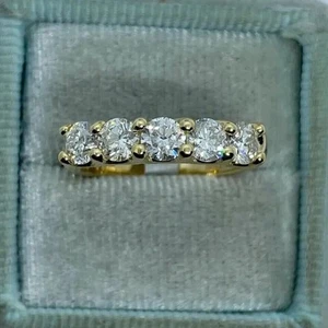 Five Stone Round Cut VVS1 Moissanite 2 CTW Band Ring 14K Yellow Gold Plated 925 - Picture 1 of 8