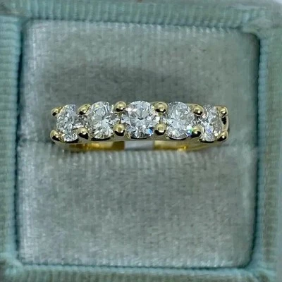 Five Stone Round Cut VVS1 Moissanite 2 CTW Band Ring 14K Yellow Gold Plated 925 - Image 1 of 4
