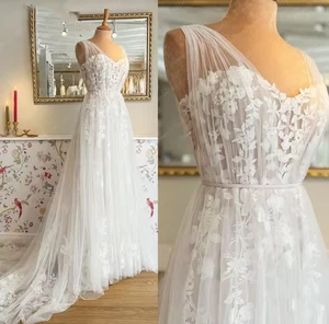 Vestido de Boda Princesa Boho Playa Personalizado Encaje Apliques Tul Línea A Novia - Imagen 1 de 11