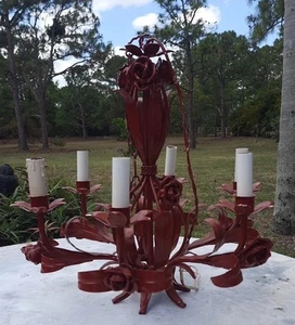 Vintage Italian Tole Chandelier  Palm Beach Regency Boho Chic Flowers 18" Tall - Picture 1 of 18