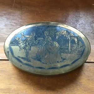 Vintage Oval Brass with Black Enamel Courting Couple Lid Trinket Vanity Metal - Picture 1 of 7