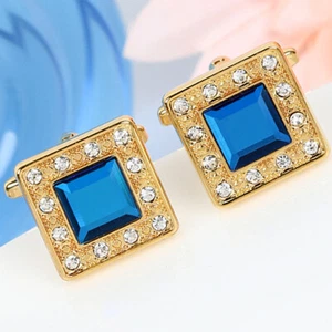 Mens Gold Square Cuff links Saphire Blue Crystal Diamond Shirt Stud Vintage Gift - Picture 1 of 4