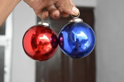 Vtg KUGEL Red n blue Glass Ball hanging Christmas Tree Ornament home decor 2pcs - Image 1 of 4