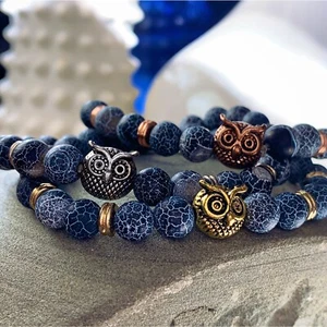 Dragon Vein Agate Stretch Bracelet with Owl Charms - Picture 1 of 2