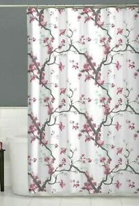 Maytex Cherrywood Blossom Floral Shower Curtain White Pink Black Bath Polyester