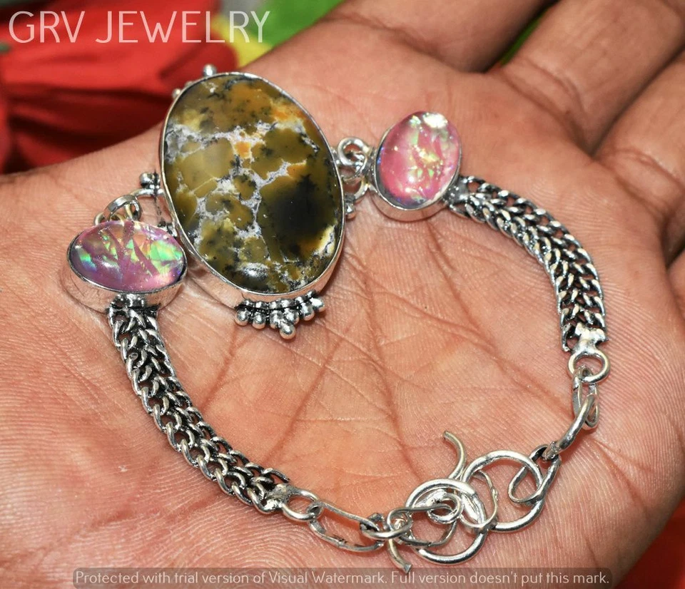 Pulseira de opala tripla opala dendrítica prata 925 sobreposição tamanho 7"-8" U267-A188 - Imagem 1 de 1