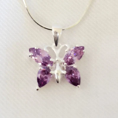 Collar colgante de cristal con dije de mariposa circonita cúbica púrpura plata 925 simulada PD1379 Foto 1 de 4
