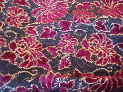 Fabric Burgundy Velour Floral Shimmery Gold Edge on Sheer Black 44W x 56L  - Image 1 of 4