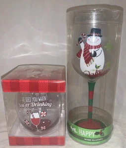 Set Of 2 New In Box Short & Tall Stem Christmas Holiday Wine Glasses - Picture 1 of 8