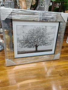 Silver blossom tree picture in mirrored frame glitter 3D Wall art picture 55x55 - Picture 1 of 9