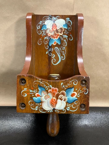 Vtg Wood Candle Wall Light Sconce Hand Painted Floral Handle Mid western Floral Cover