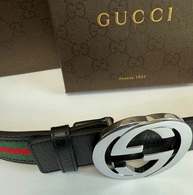 Cinturón Gucci GG Plateado Hebilla Entrelazada Tejido Negro Verde Rojo Talla 110 cm 38-40 con - Imagen 1 de 4
