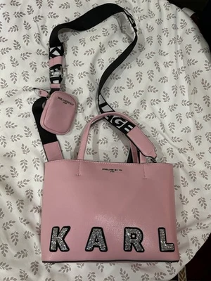 Karl Lagerfeld Crossbody Pink Bag With Karl across the bag in Swarovski stones. - Image 1 of 4