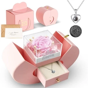 Preserved Red Real Rose with I love you Necklace 100 Languages, Forever Flowe... - Picture 1 of 6