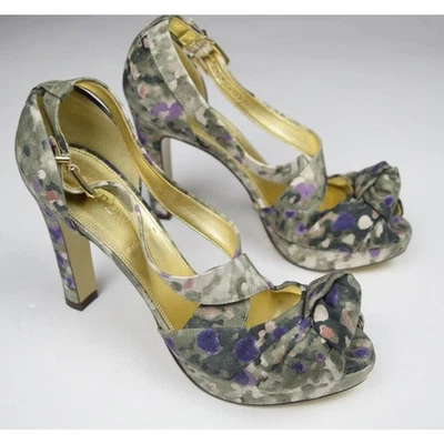 J.Crew Mujer Tacones Talla 6 Verde Floral Tela Peep Toe Tobillo Correa 4" $298 Foto 1 de 4